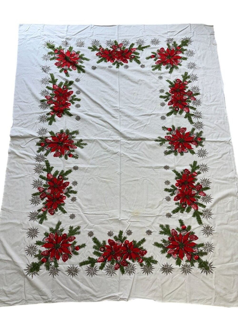 Vintage 1950s Christmas Tablecloth Cotton Poinsettia Balsam Ornament Red 76x58